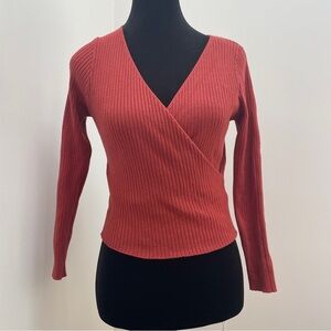 Shein- Burnt Orange Ribbed V Neck Criss Cross Long Sleeve Cropped Top Size S